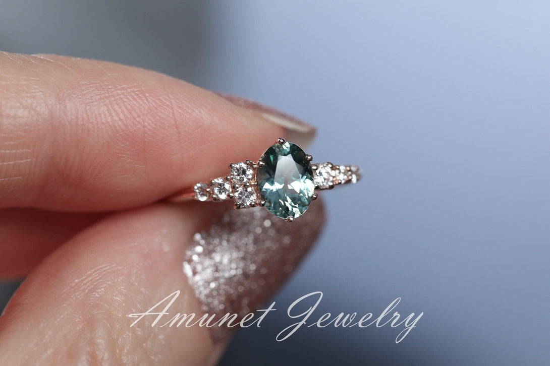 Teal sapphire ring,Montana sapphire ring, oval sapphire engagement ring,unique ring. - Amunet Jewelry