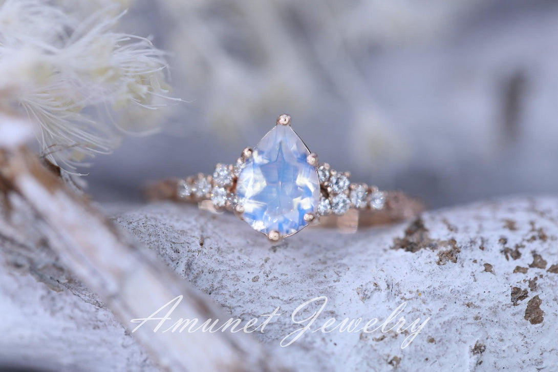 Moonstone diamond ring, engagement ring, leaf design ring, unique ring, moonstone ring - Amunet Jewelry