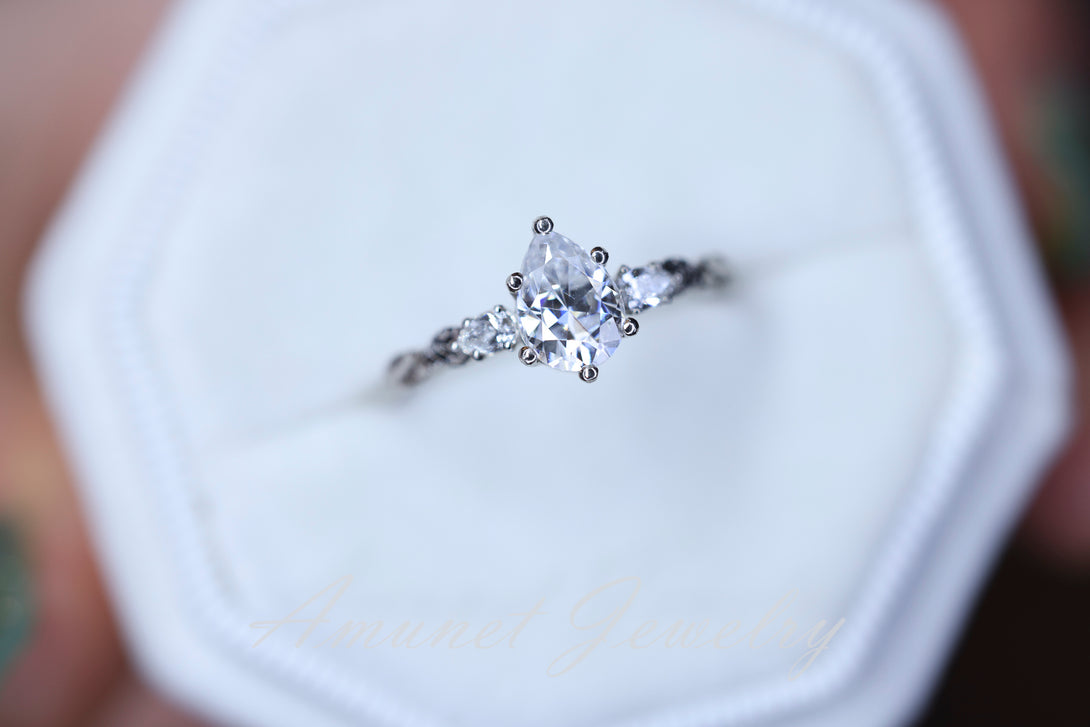 Moissanite ring, pear engagement ring size 6.75 14k White gold - Amunet Jewelry