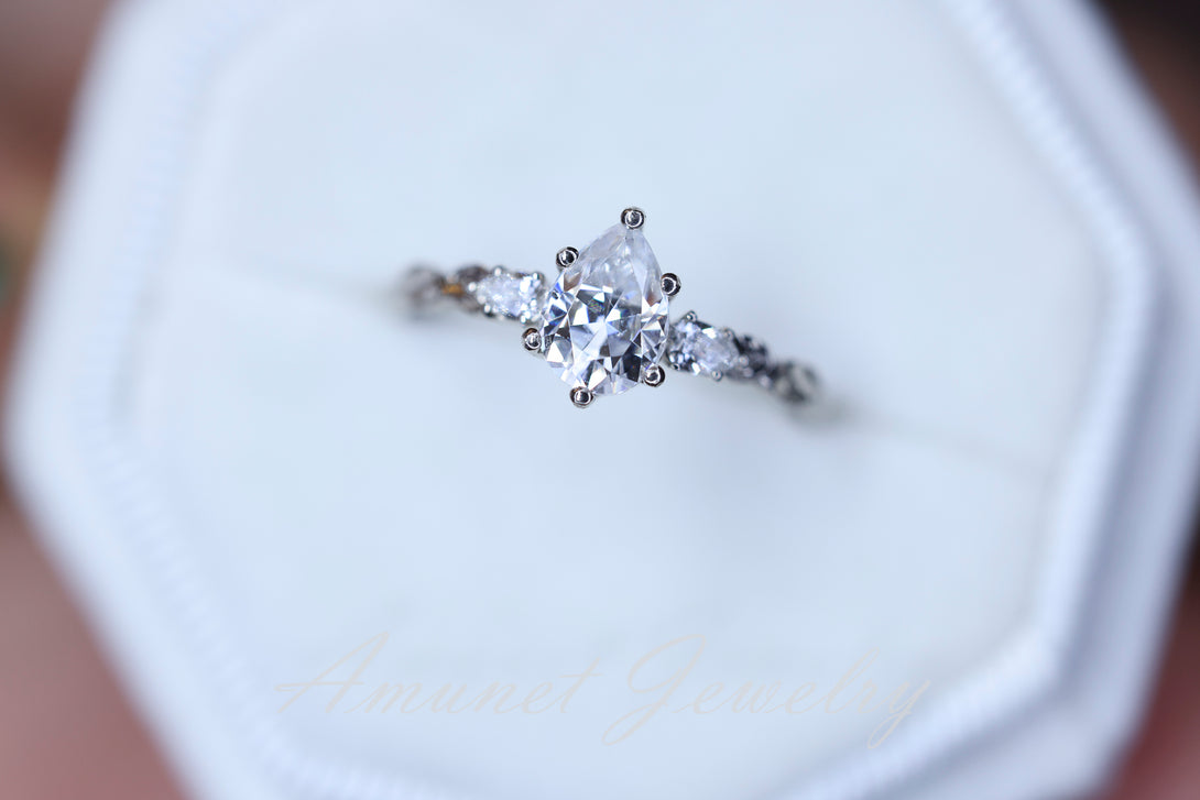 Moissanite ring, pear engagement ring size 6.75 14k White gold - Amunet Jewelry