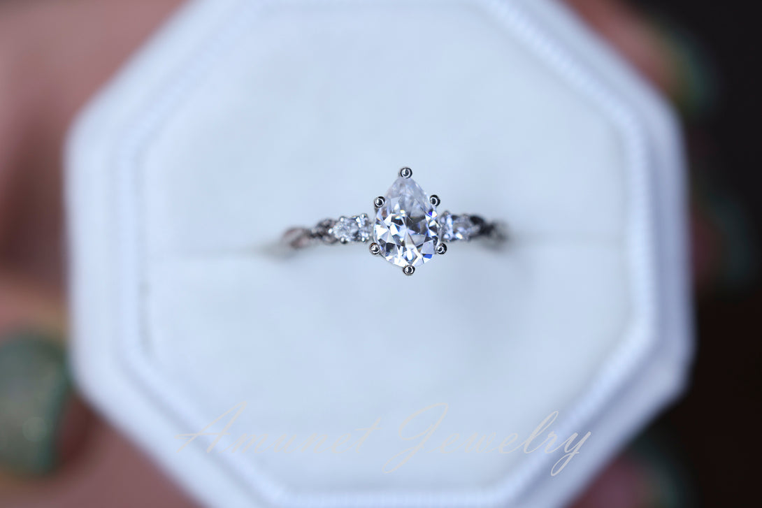 Moissanite ring, pear engagement ring size 6.75 14k White gold - Amunet Jewelry