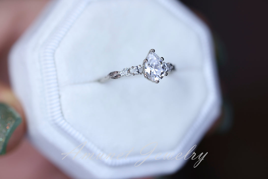 Moissanite ring, pear engagement ring size 6.75 14k White gold - Amunet Jewelry