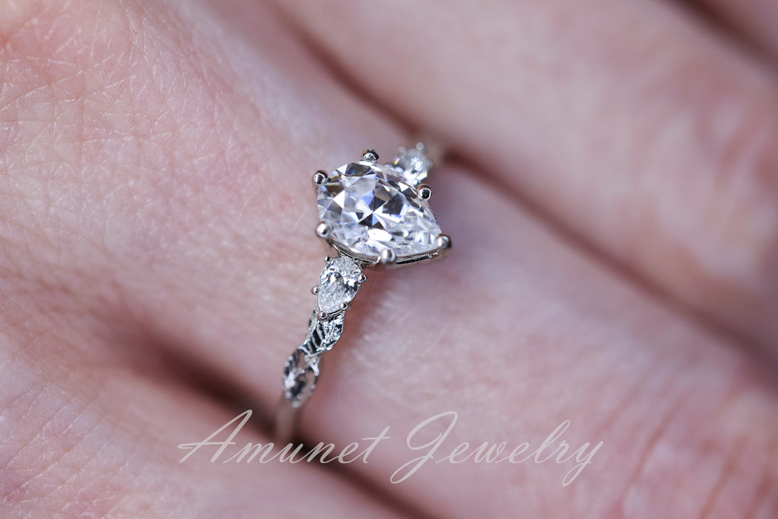 Moissanite ring, pear engagement ring size 6.75 14k White gold - Amunet Jewelry