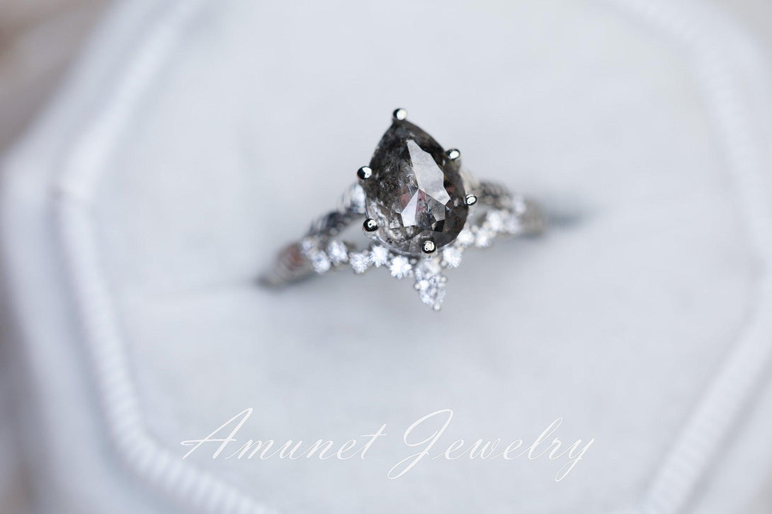 Salt and pepper diamond ring, engagement ring, leaf design ring,unique ring. - Amunet Jewelry