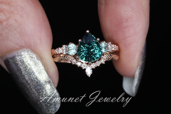 Teal green sapphire ring,Madagascar sapphire ring, pear sapphire ring, diamond ring, engagement ring - Amunet Jewelry