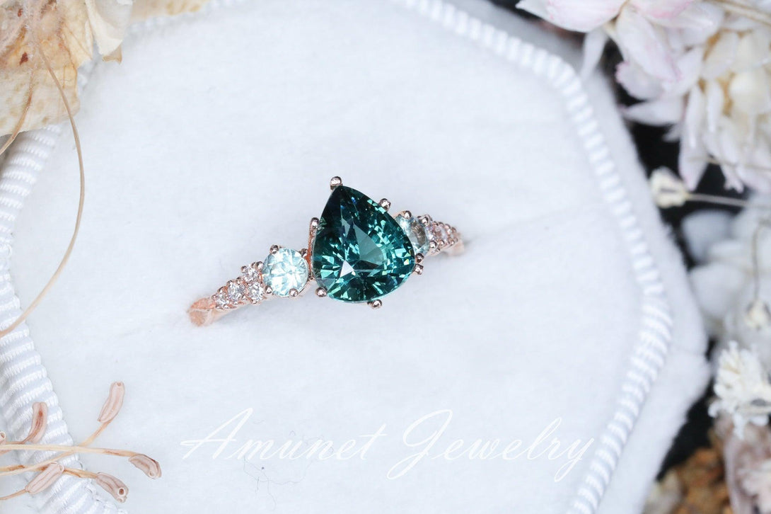 Teal green sapphire ring,Madagascar sapphire ring, pear sapphire ring, diamond ring, engagement ring - Amunet Jewelry