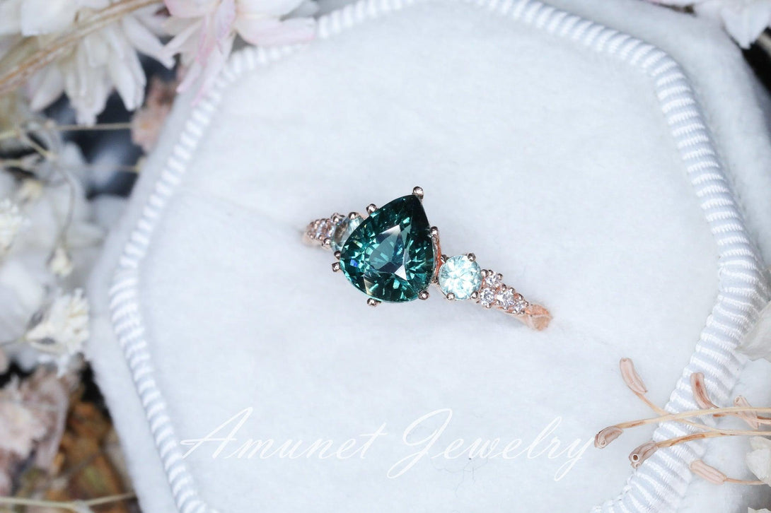 Teal green sapphire ring,Madagascar sapphire ring, pear sapphire ring, diamond ring, engagement ring - Amunet Jewelry