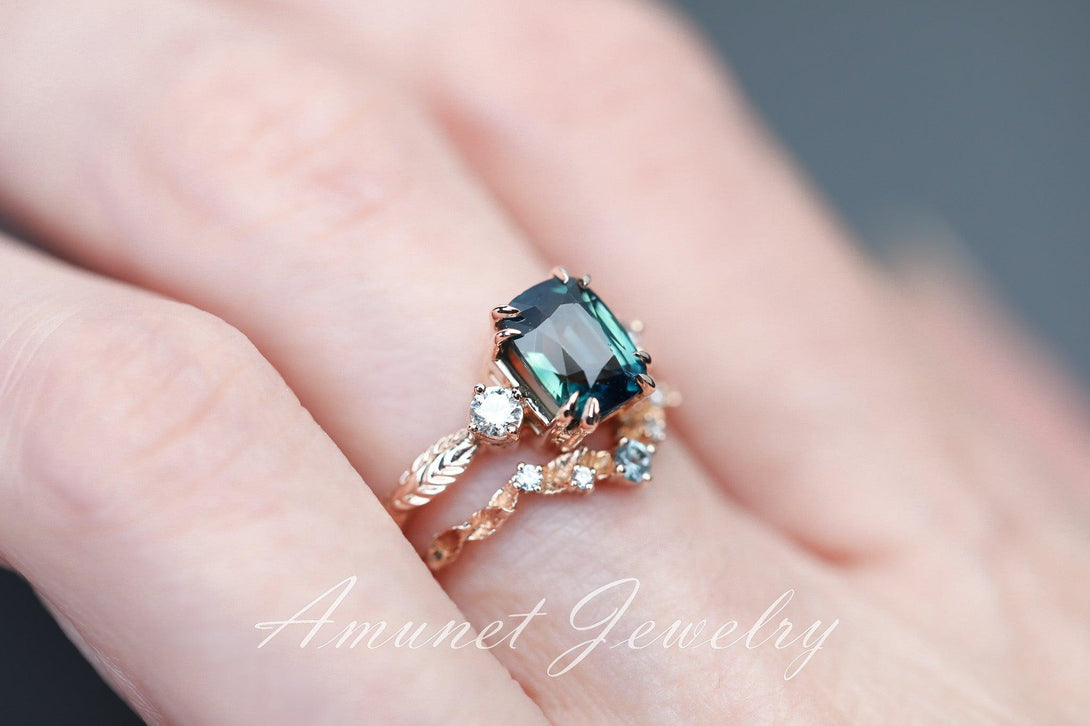 Teal Sapphire ring,blue green sapphire engagement ring, unique ring, Madagascar sapphire ring. - Amunet Jewelry