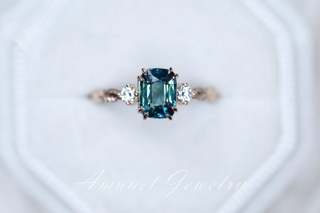 Teal Sapphire ring,blue green sapphire engagement ring, unique ring, Madagascar sapphire ring. - Amunet Jewelry