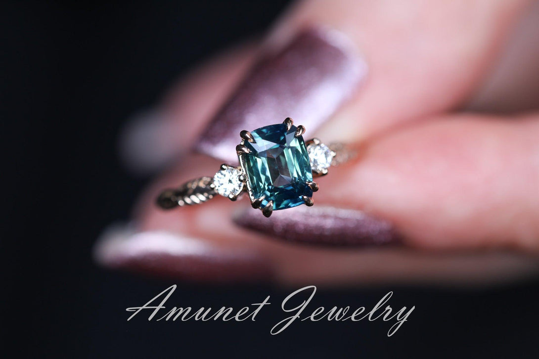 Teal Sapphire ring,blue green sapphire engagement ring, unique ring, Madagascar sapphire ring. - Amunet Jewelry