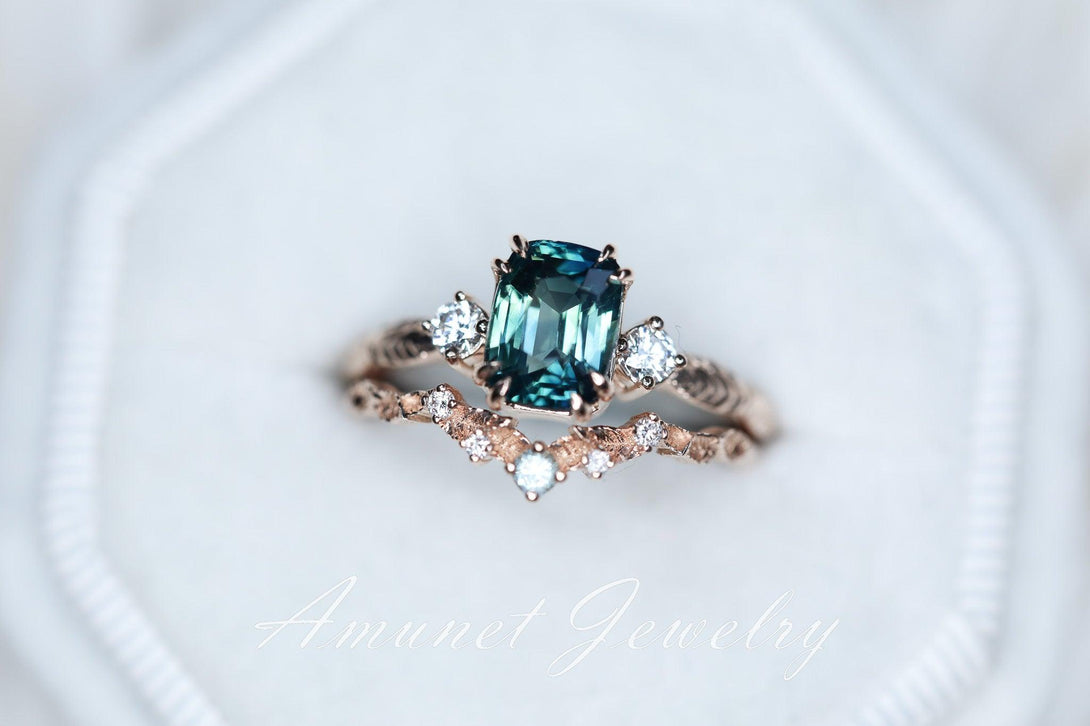 Teal Sapphire ring,blue green sapphire engagement ring, unique ring, Madagascar sapphire ring. - Amunet Jewelry