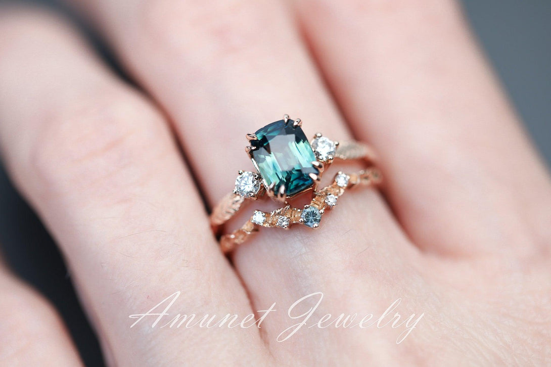 Teal Sapphire ring,blue green sapphire engagement ring, unique ring, Madagascar sapphire ring. - Amunet Jewelry