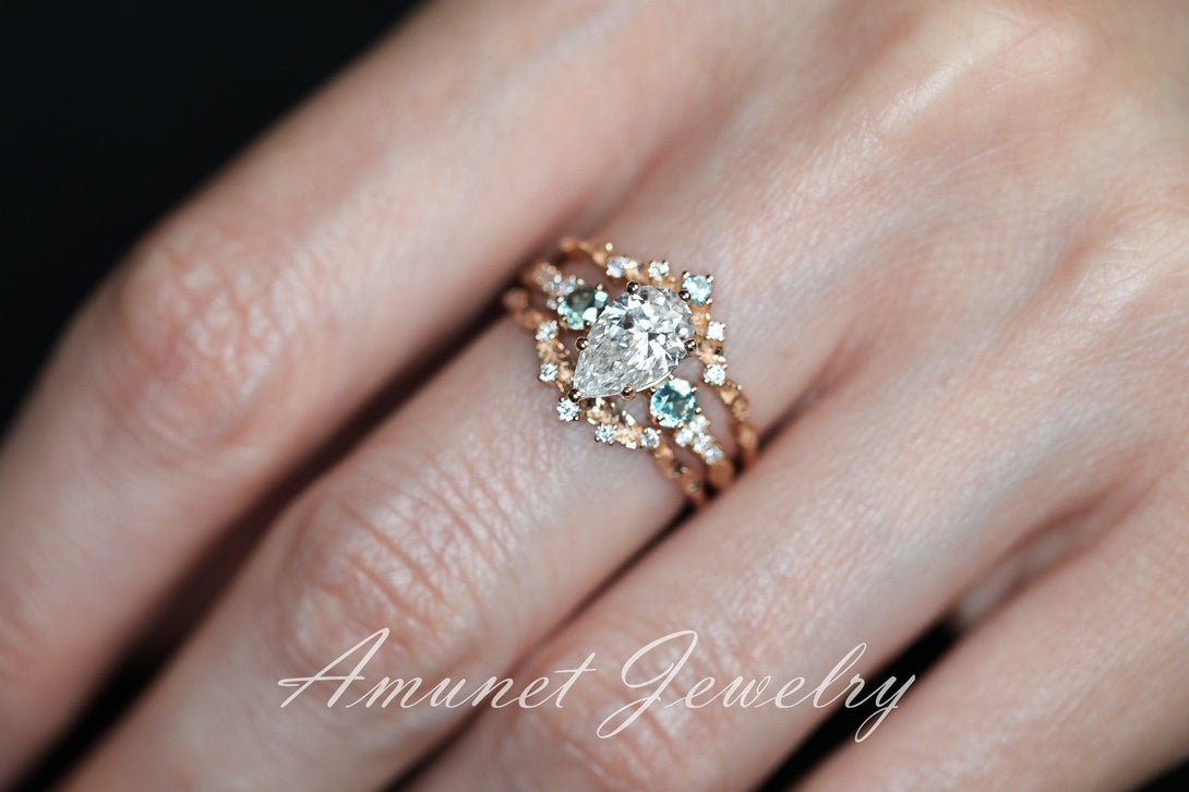 Pear diamond ring, engagement ring,lab diamond ring,cluster ring, leaf design ring,unique ring. - Amunet Jewelry