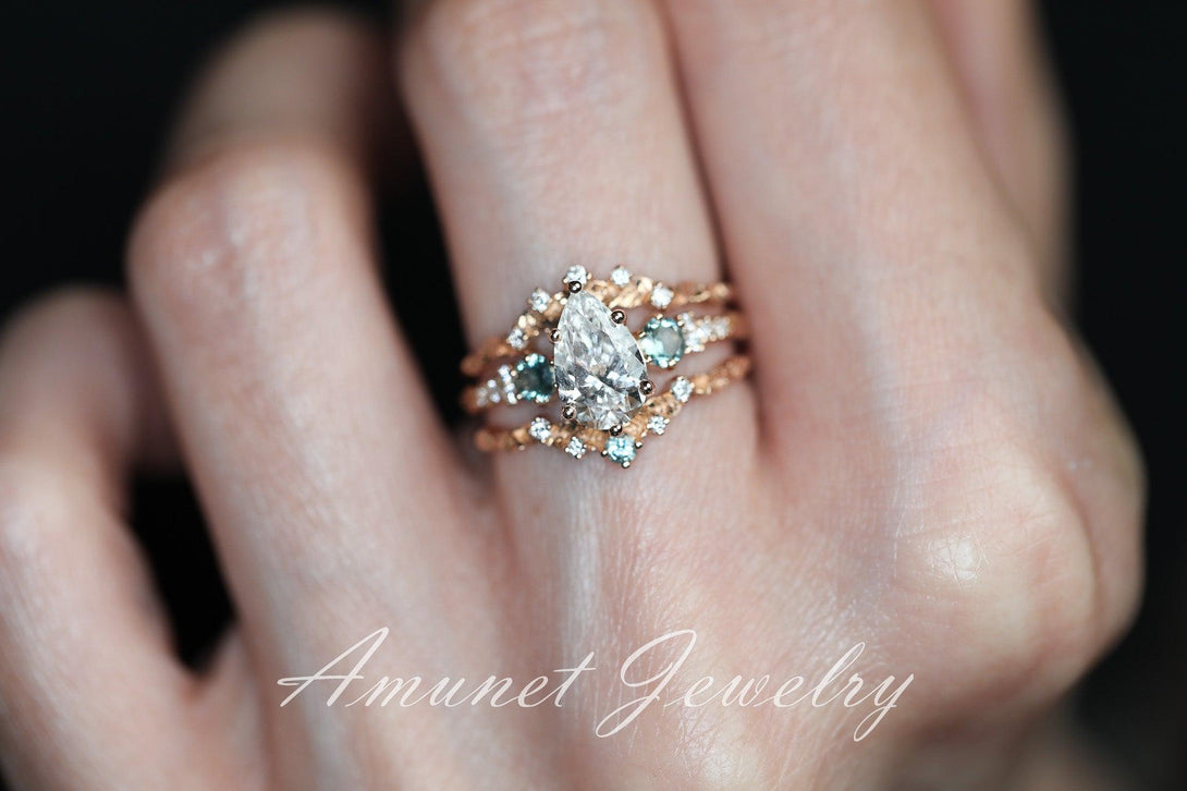 Pear diamond ring, engagement ring,lab diamond ring,cluster ring, leaf design ring,unique ring. - Amunet Jewelry