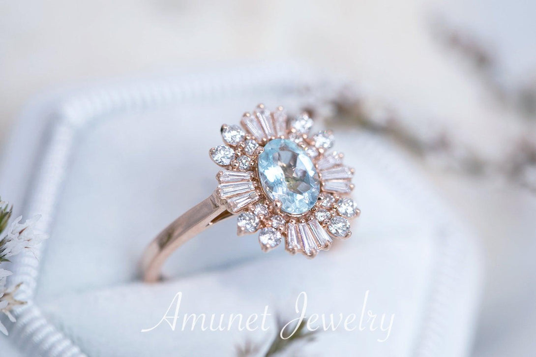 Vintage style aquamarine ring, baguette diamond ring, engagement ring, vintage style diamond ring - Amunet Jewelry