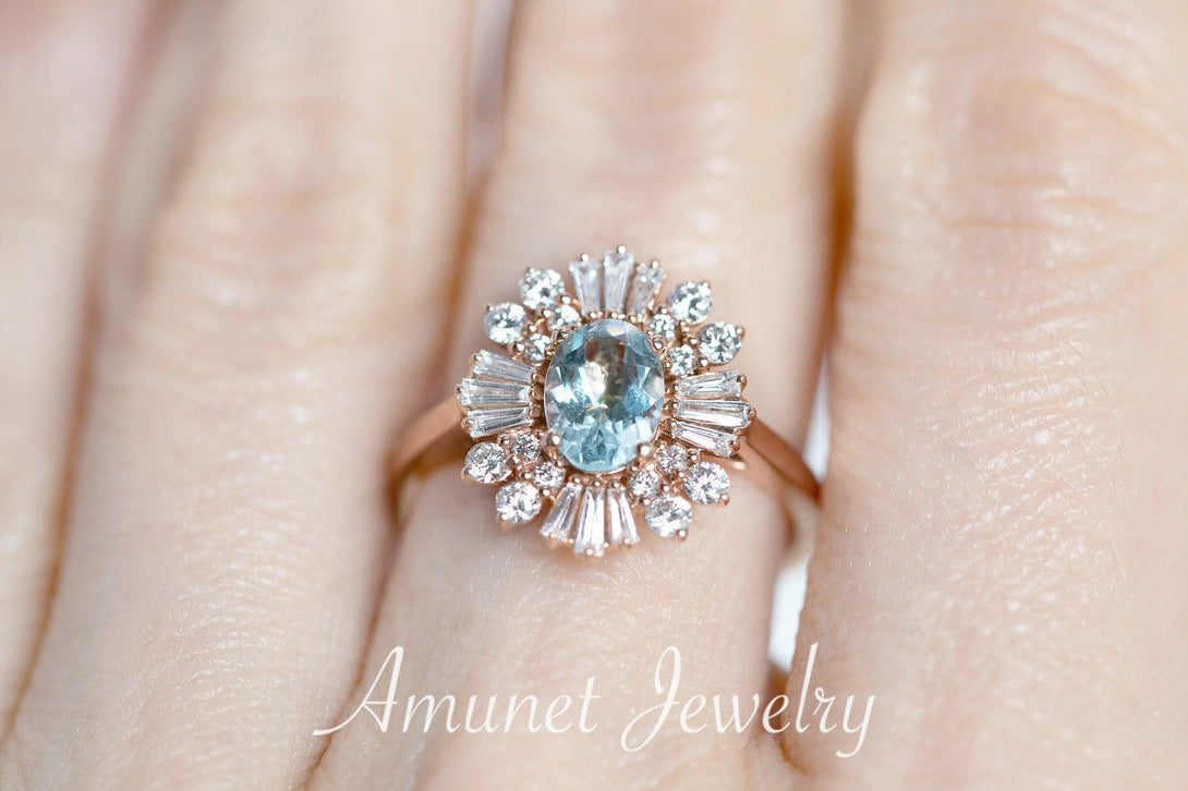 Vintage style aquamarine ring, baguette diamond ring, engagement ring, vintage style diamond ring - Amunet Jewelry