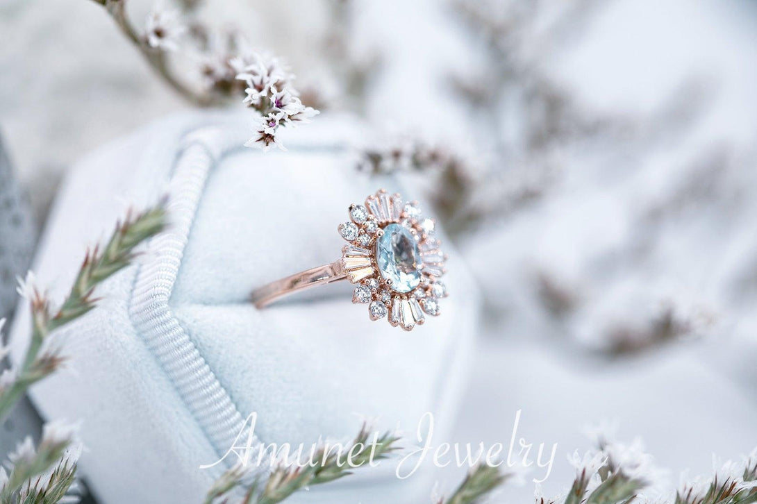 Vintage style aquamarine ring, baguette diamond ring, engagement ring, vintage style diamond ring - Amunet Jewelry