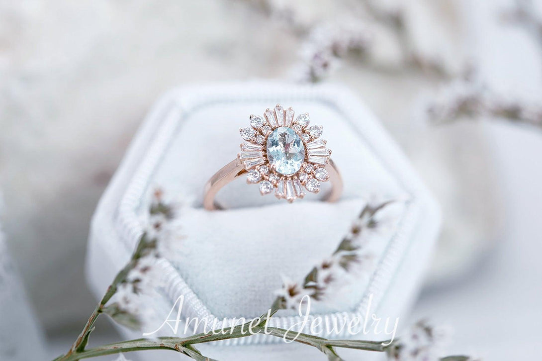 Vintage style aquamarine ring, baguette diamond ring, engagement ring, vintage style diamond ring - Amunet Jewelry