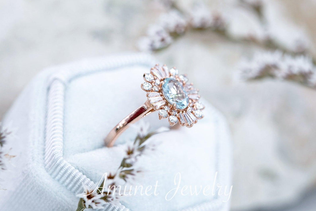 Vintage style aquamarine ring, baguette diamond ring, engagement ring, vintage style diamond ring - Amunet Jewelry