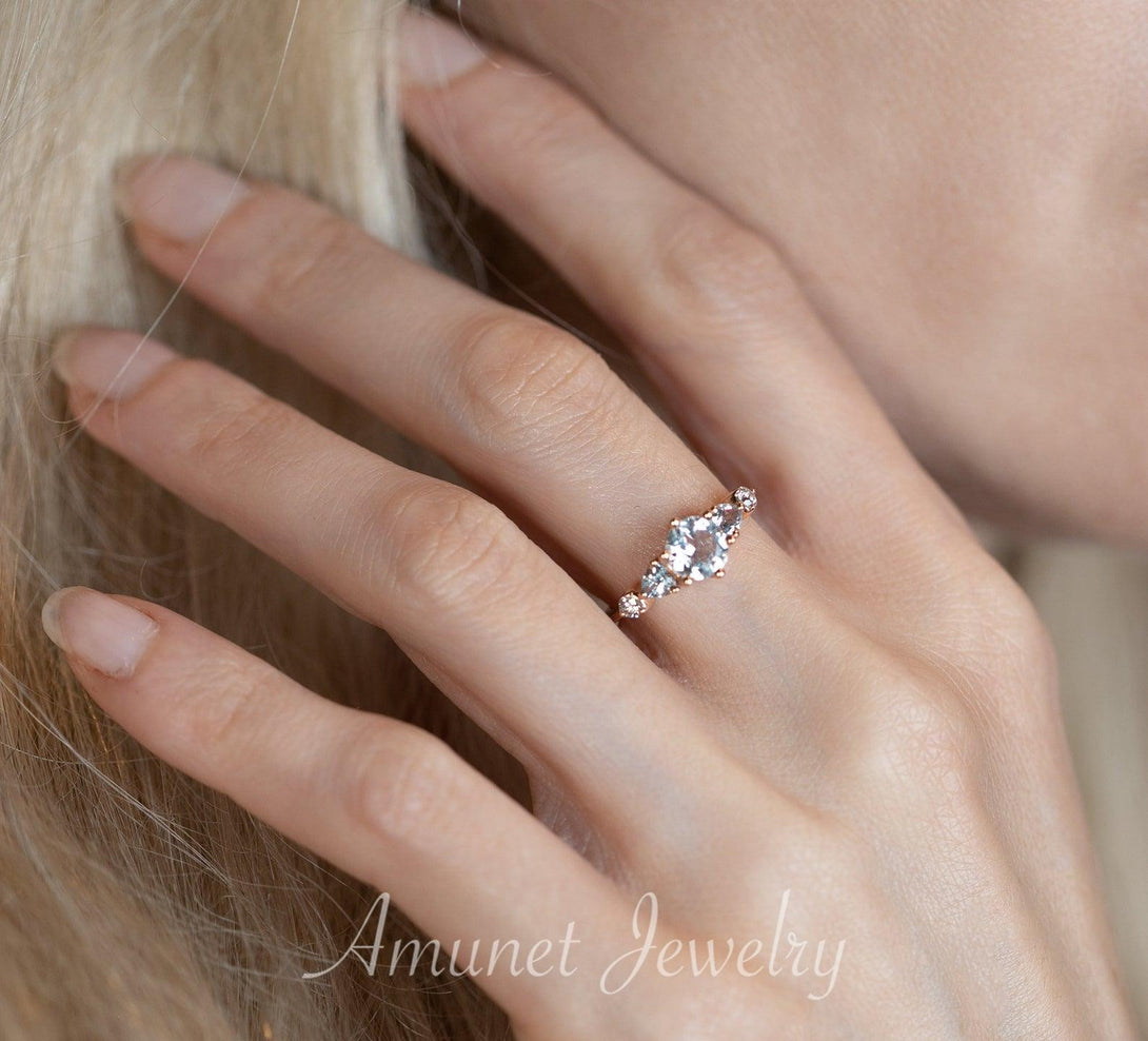 Beautiful timeless aquamarine ring, engagement ring, cluster ring, trillion ring - Amunet Jewelry