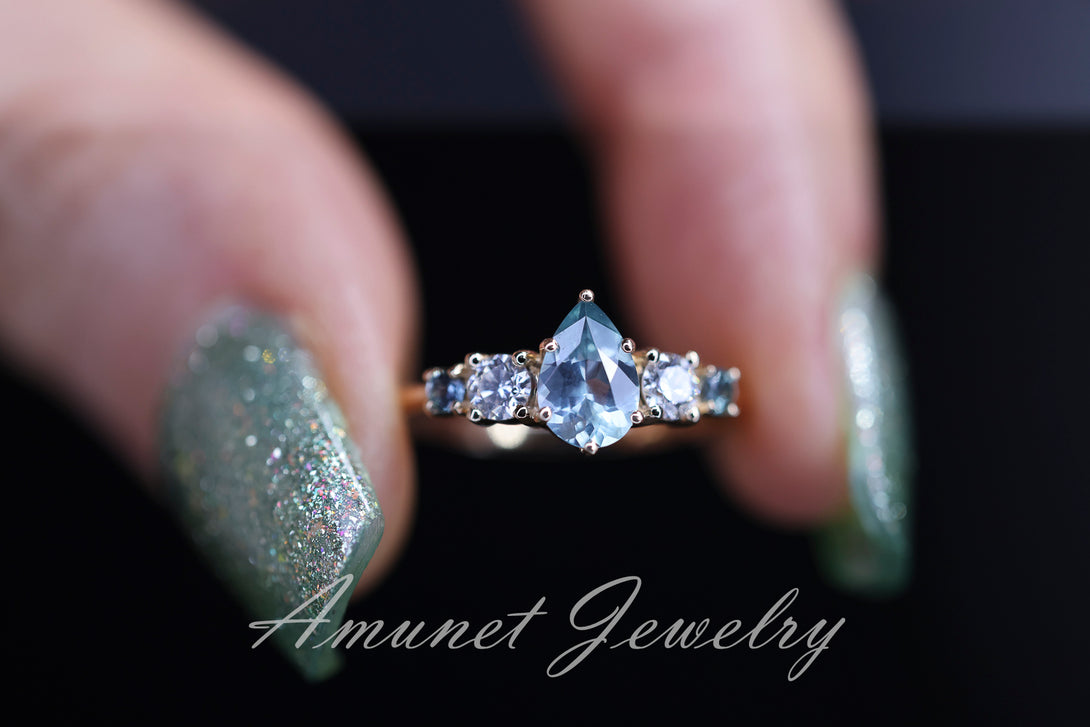 Pear sapphire ring,mermaid sapphire ring Size 5.25 14k Rose Gold - Amunet Jewelry