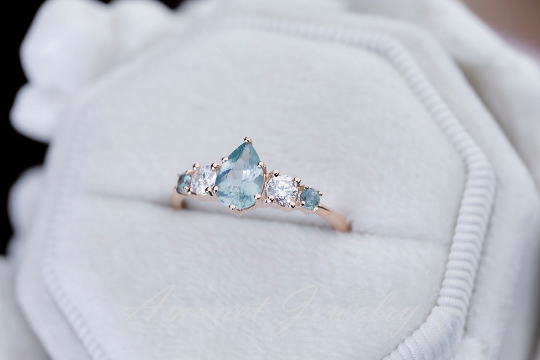 Pear sapphire ring,mermaid sapphire ring Size 5.25 14k Rose Gold - Amunet Jewelry