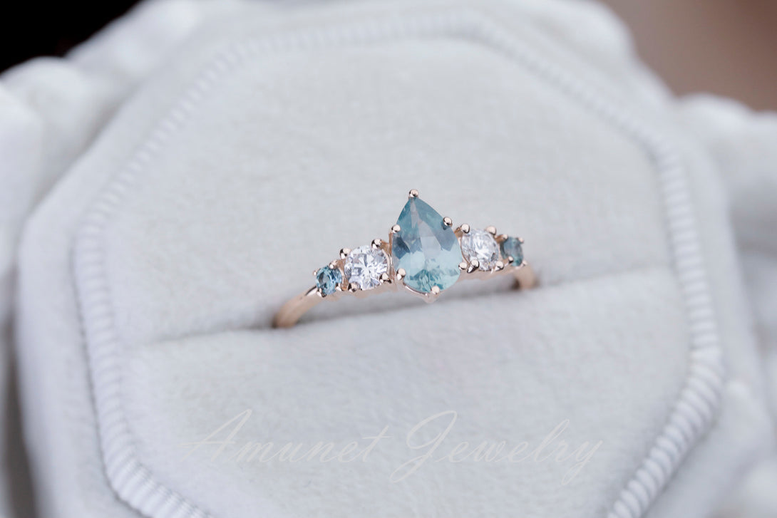 Pear sapphire ring,mermaid sapphire ring Size 5.25 14k Rose Gold - Amunet Jewelry