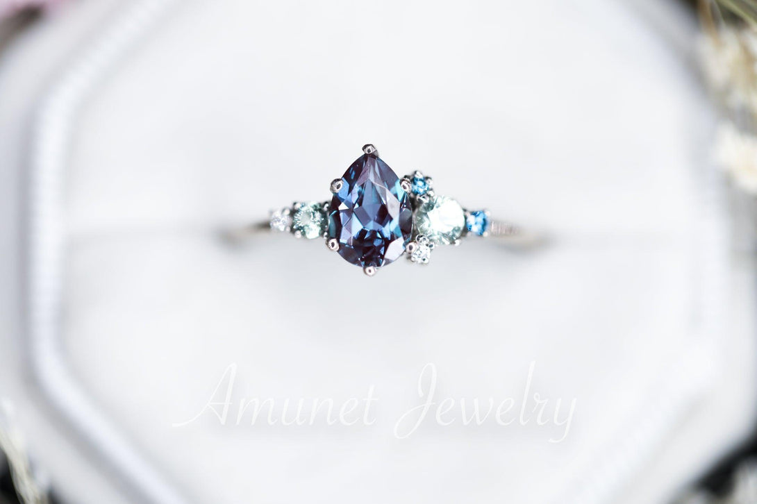 Alexandrite engagement ring,Chatham alexandrite ring,alexandrite cluster ring, unique engagement ring - Amunet Jewelry