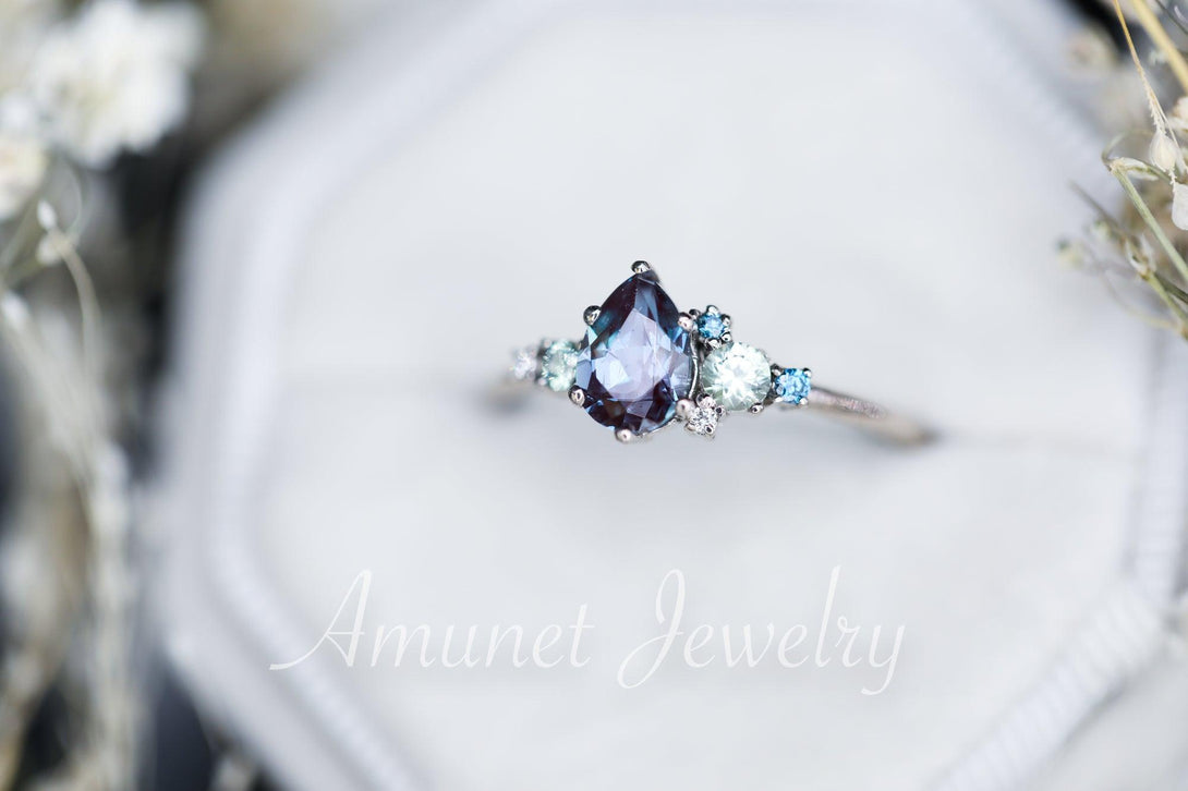 Alexandrite engagement ring,Chatham alexandrite ring,alexandrite cluster ring, unique engagement ring - Amunet Jewelry