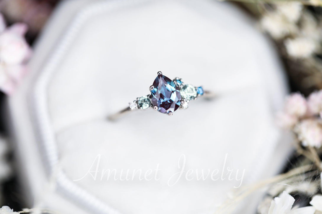 Alexandrite engagement ring,Chatham alexandrite ring,alexandrite cluster ring, unique engagement ring - Amunet Jewelry