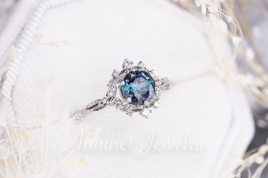 Alexandrite engagement ring,Chatham alexandrite ring,alexandrite cluster ring, unique engagement ring - Amunet Jewelry