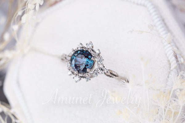 Alexandrite engagement ring,Chatham alexandrite ring,alexandrite cluster ring, unique engagement ring - Amunet Jewelry