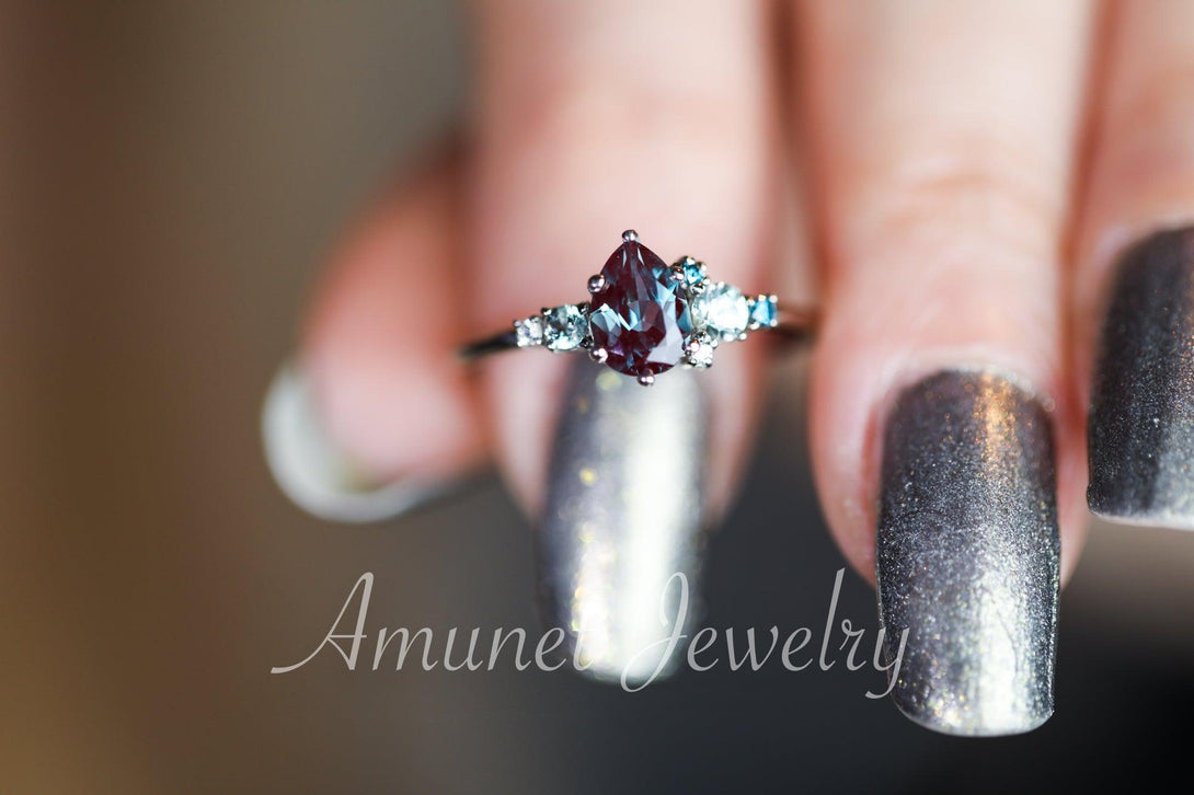 Alexandrite engagement ring,Chatham alexandrite ring,alexandrite cluster ring, unique engagement ring - Amunet Jewelry