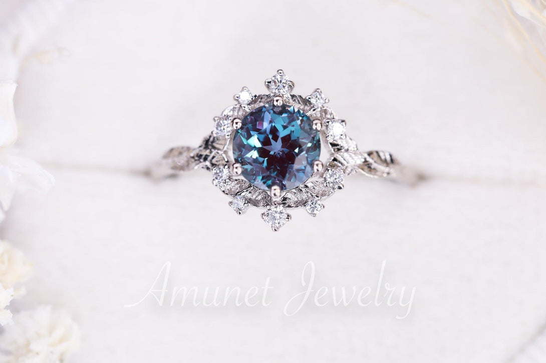 Alexandrite engagement ring,Chatham alexandrite ring,alexandrite cluster ring, unique engagement ring - Amunet Jewelry