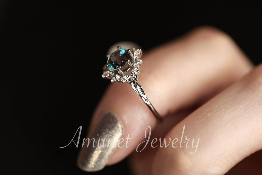 Alexandrite engagement ring,Chatham alexandrite ring,alexandrite cluster ring, unique engagement ring - Amunet Jewelry