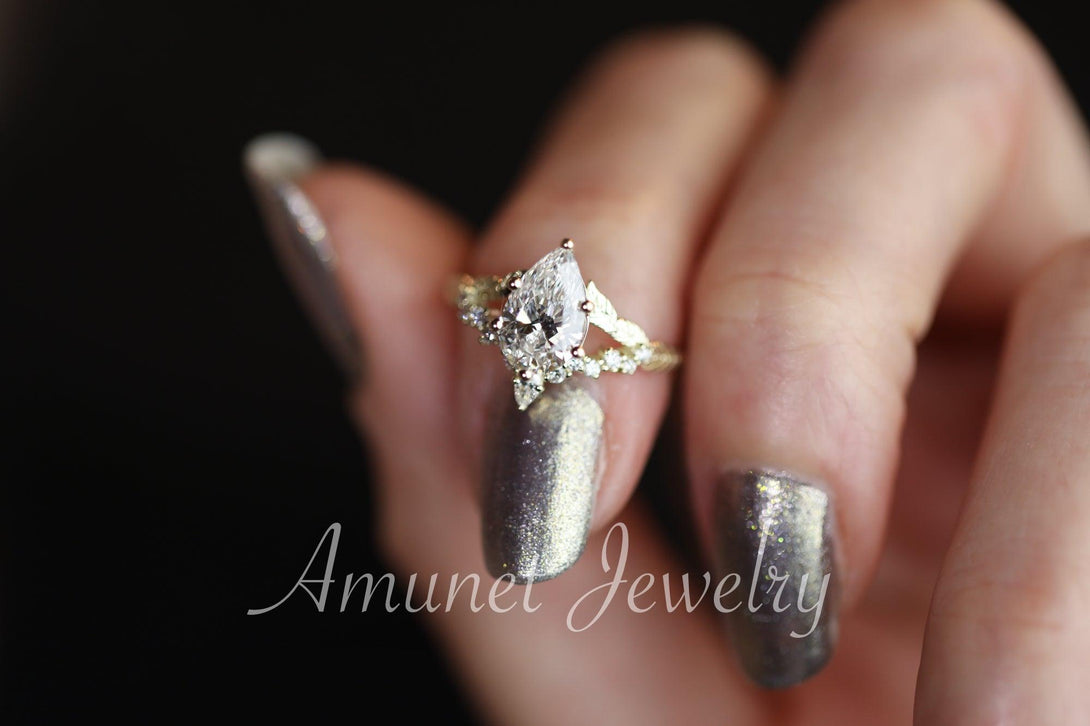 Pear diamond engagement ring, lab diamond ring cluster ring, leaf ring,nature inspired ring,diamond unique ring. - Amunet Jewelry