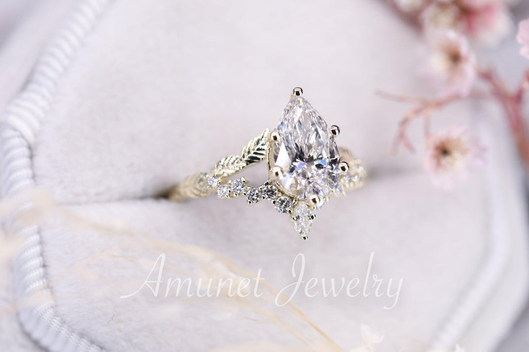 Pear diamond engagement ring, lab diamond ring cluster ring, leaf ring,nature inspired ring,diamond unique ring. - Amunet Jewelry