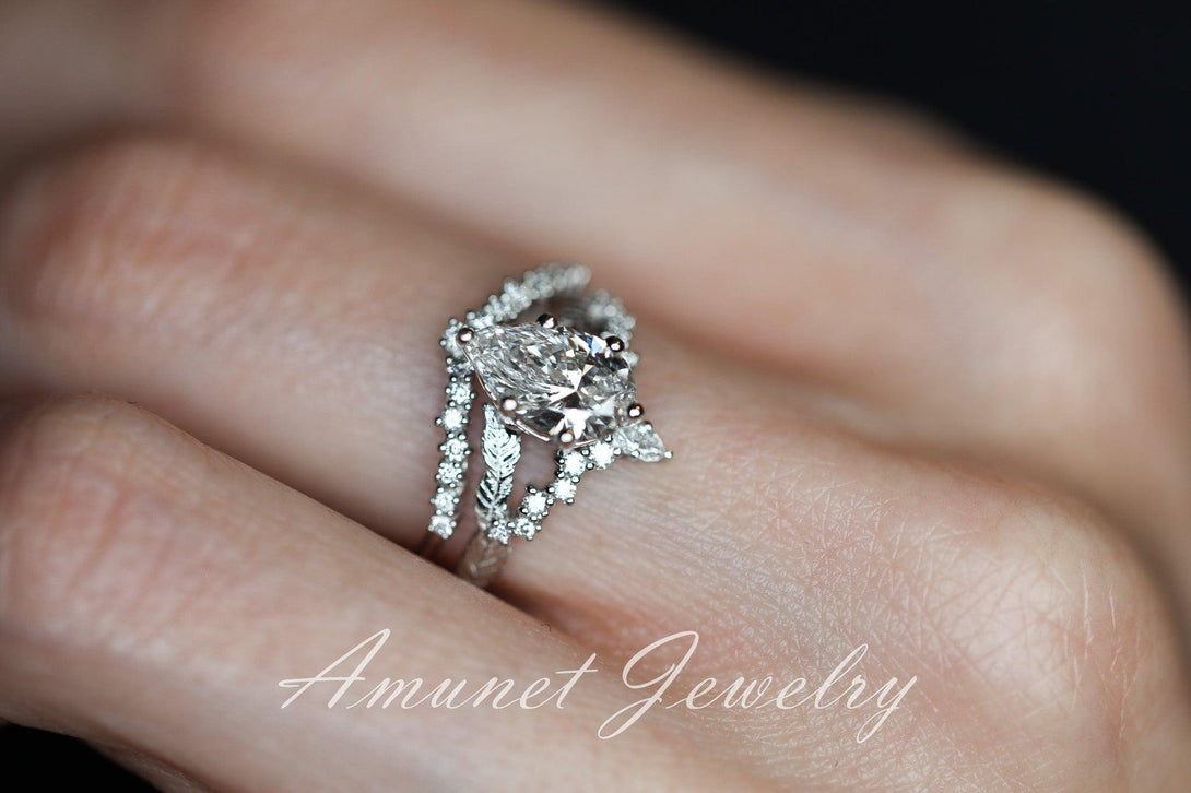 Pear diamond engagement ring set, lab diamond ring cluster ring, leaf ring, nature inspired ring, diamond unique ring. - Amunet Jewelry