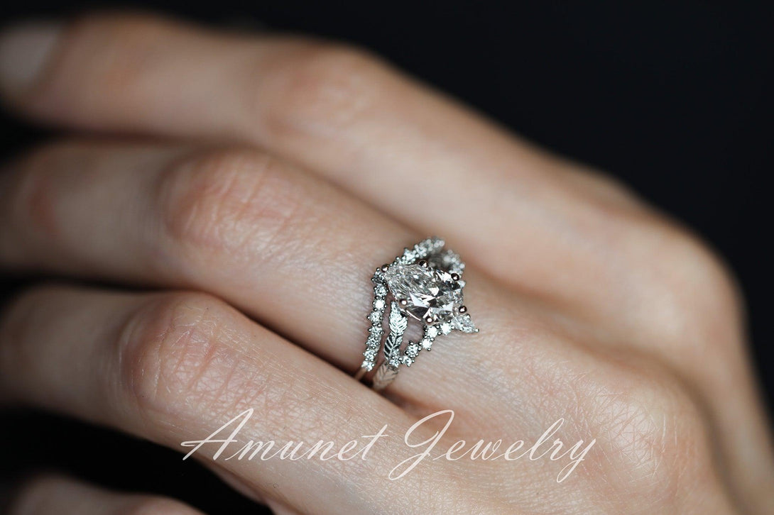 Pear diamond engagement ring set, lab diamond ring cluster ring, leaf ring, nature inspired ring, diamond unique ring. - Amunet Jewelry