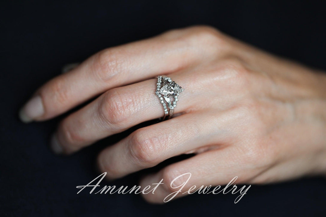 Pear diamond engagement ring set, lab diamond ring cluster ring, leaf ring, nature inspired ring, diamond unique ring. - Amunet Jewelry