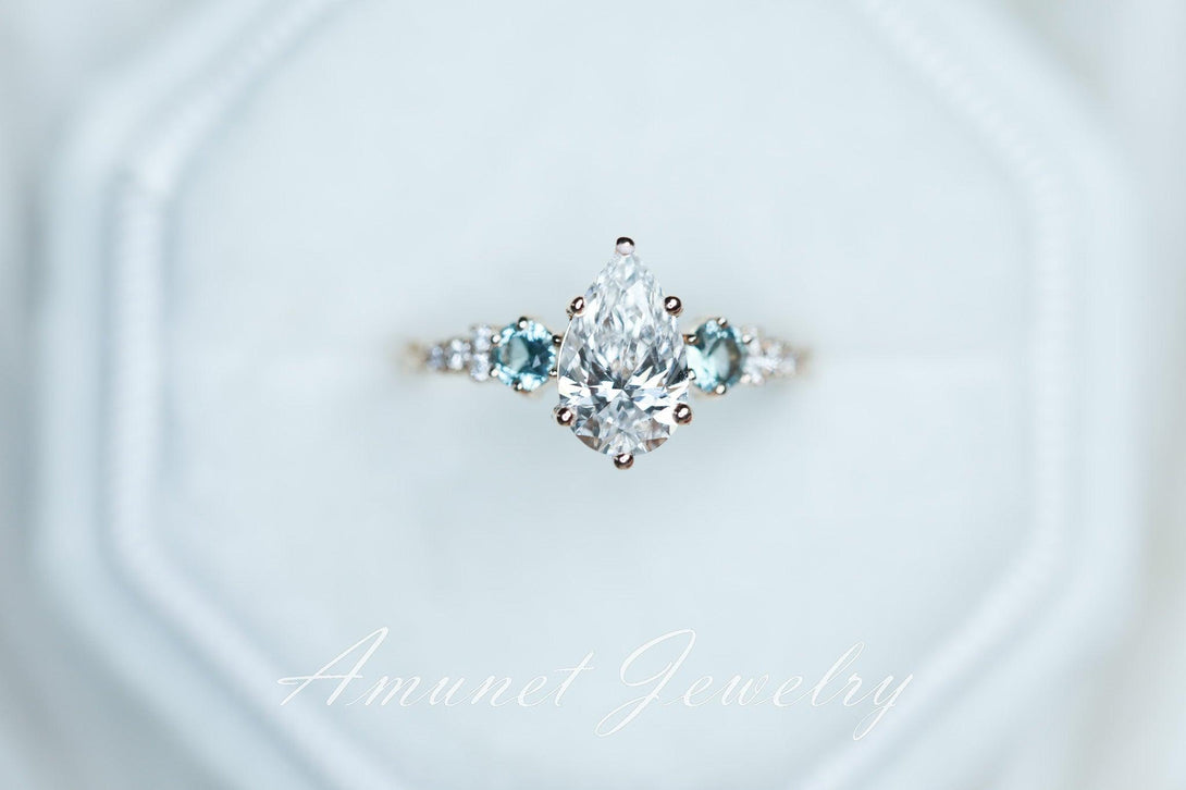 Pear diamond ring, engagement ring,lab diamond ring,cluster ring, leaf design ring,unique ring. - Amunet Jewelry