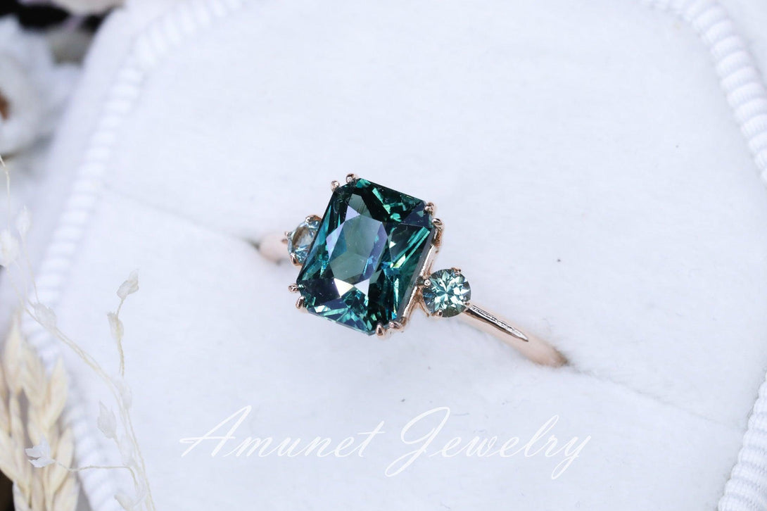 Cushion Teal Sapphire ring,engagement ring, green sapphire ring, unique ring, Madagascar sapphire ring. - Amunet Jewelry