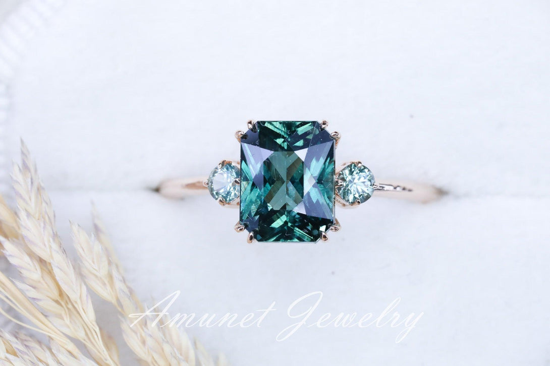 Cushion Teal Sapphire ring,engagement ring, green sapphire ring, unique ring, Madagascar sapphire ring. - Amunet Jewelry