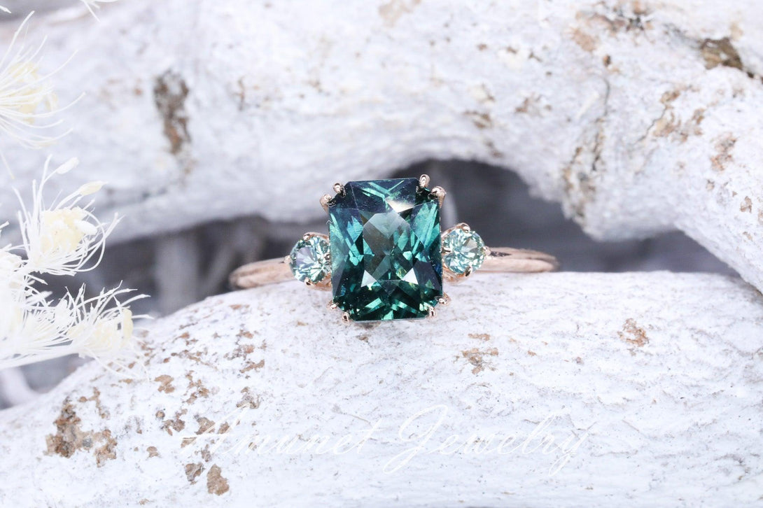 Cushion Teal Sapphire ring,engagement ring, green sapphire ring, unique ring, Madagascar sapphire ring. - Amunet Jewelry