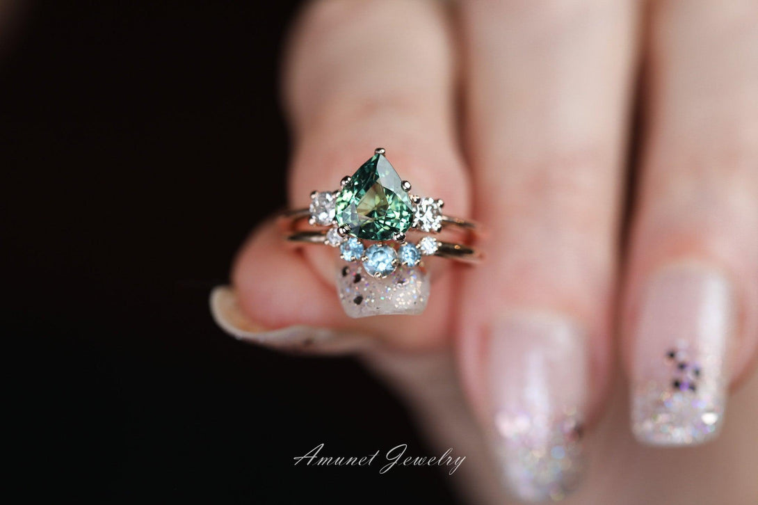 Teal sapphire ring,green yellow Madagascar sapphire,pear sapphire engagement ring,wedding ring,unique ring. - Amunet Jewelry