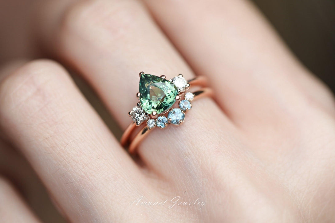 Teal sapphire ring,green yellow Madagascar sapphire,pear sapphire engagement ring,wedding ring,unique ring. - Amunet Jewelry