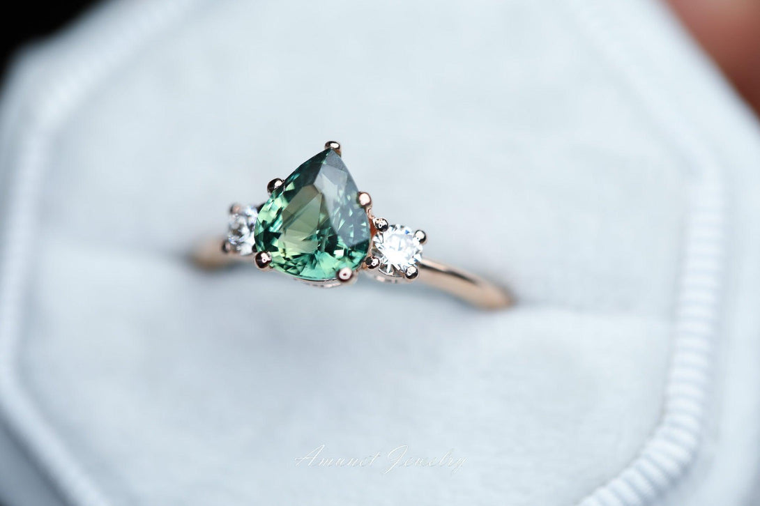 Teal sapphire ring,green yellow Madagascar sapphire,pear sapphire engagement ring,wedding ring,unique ring. - Amunet Jewelry