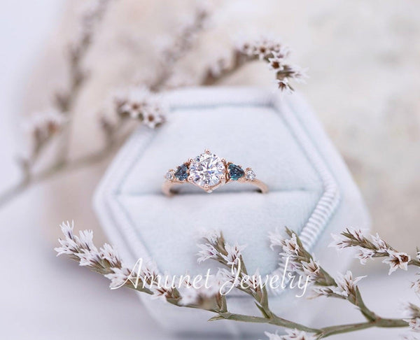 Engagement ring with Charles & Colvard moissanite,cluster ring, diamond cluster ring,unique ring,vintage style ring - Amunet Jewelry