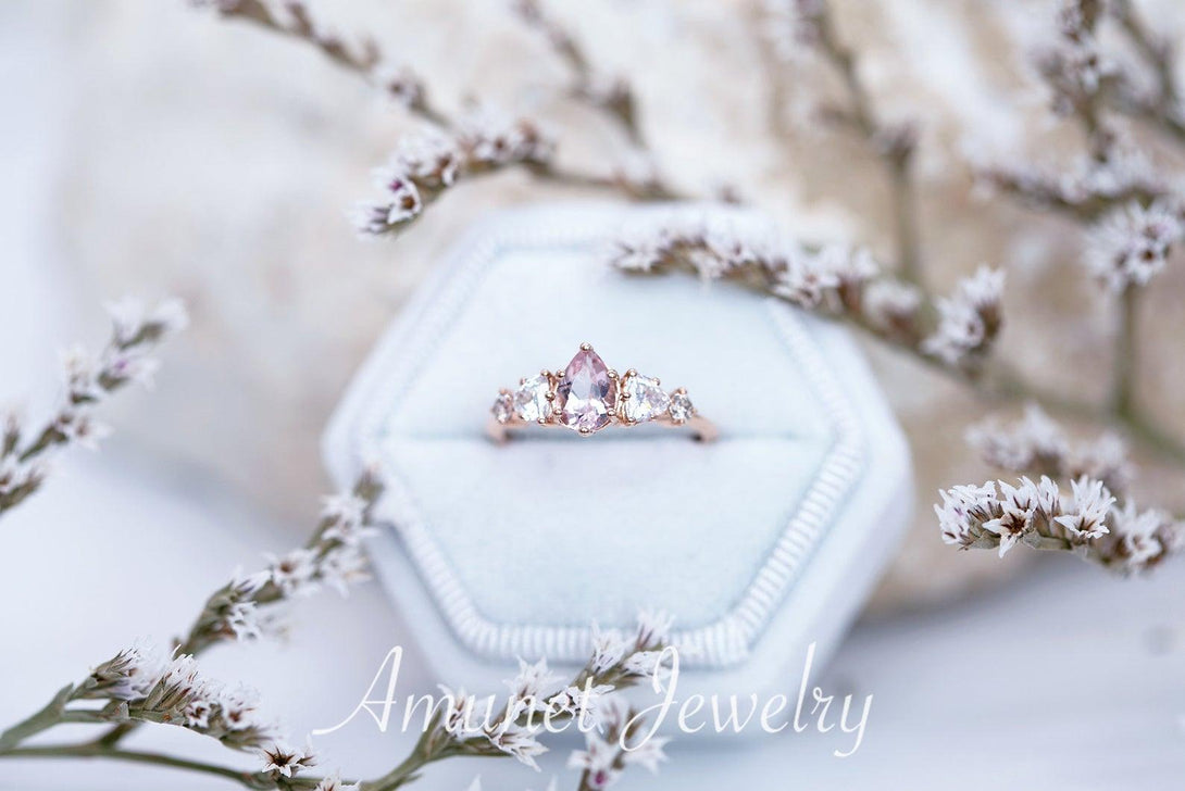 Engagement ring with a pink morganite, cluster ring, Charles & Colvard engagement ring - Amunet Jewelry