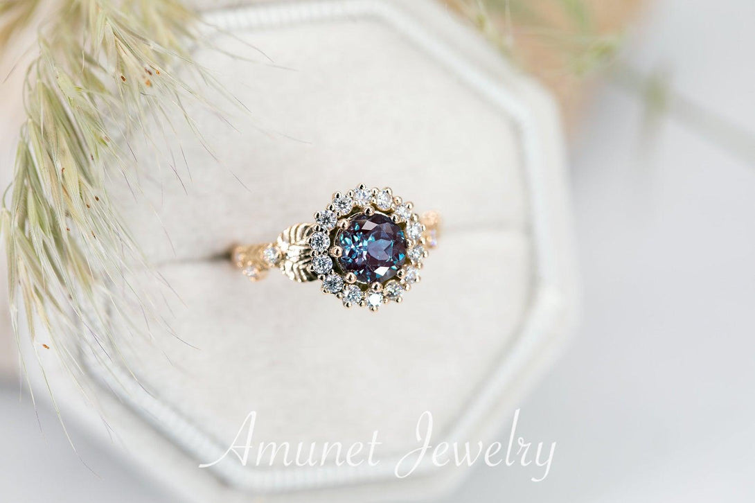 Chatham Alexandrite halo ring,leaf ring,solid gold ring,cluster ring,nature inspired ring,unique engagement ring. - Amunet Jewelry